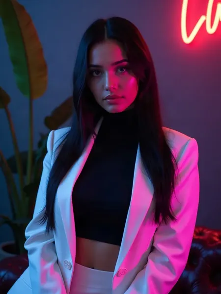 DreamGF: KI-generiertes Illustrationsbild, Frau mit langen schwarzen Haaren in weißem Blazer in einem minimalistischen Loft mit Pflanzen