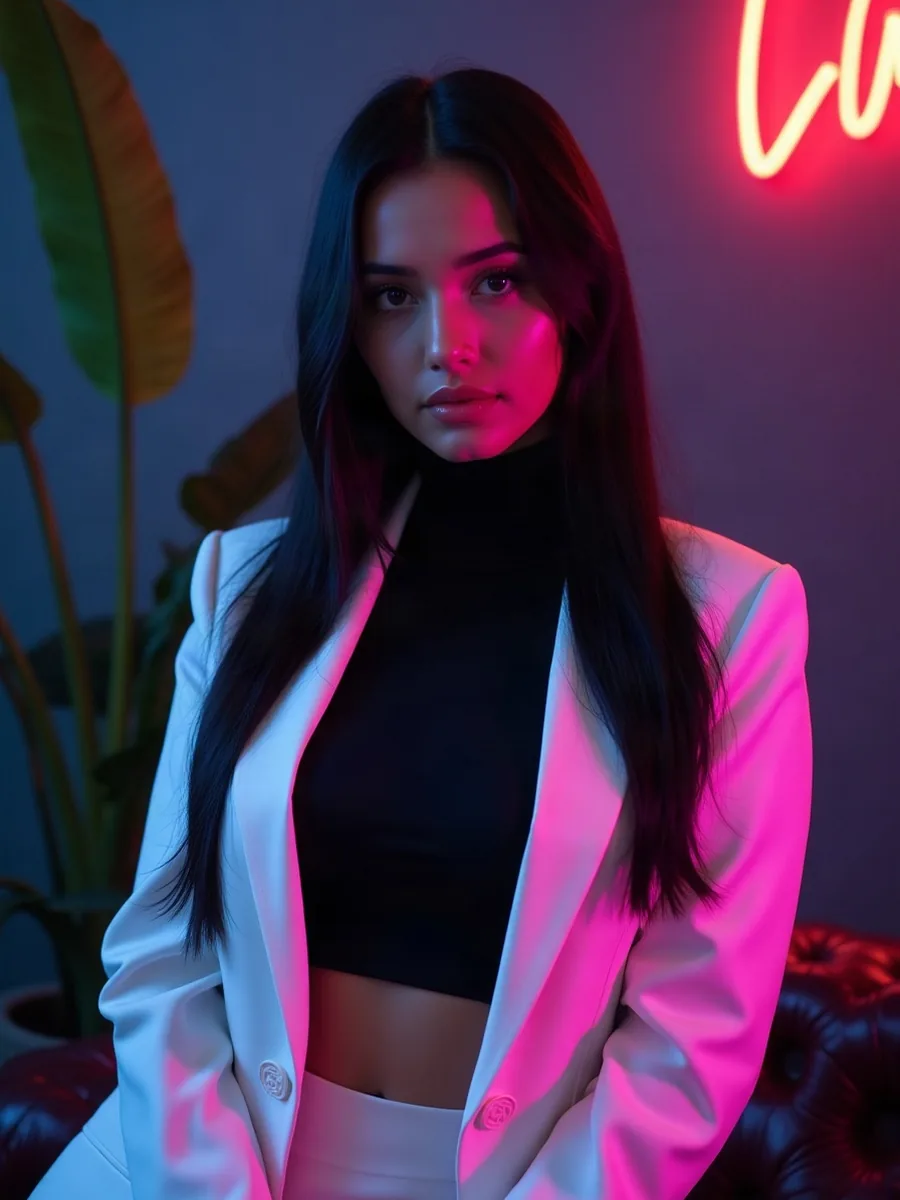 DreamGF: KI-generiertes Illustrationsbild, Frau mit langen schwarzen Haaren in weißem Blazer in einem minimalistischen Loft mit Pflanzen