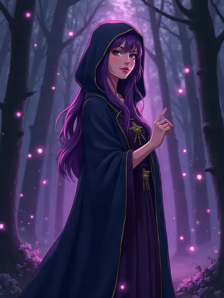 FantasyGF: KI-generiertes Illustrationsbild, Magierin im Anime-Stil mit langen violetten Haaren in dunklem Kapuzengewand in einem Wald mit leuchtenden Kugeln