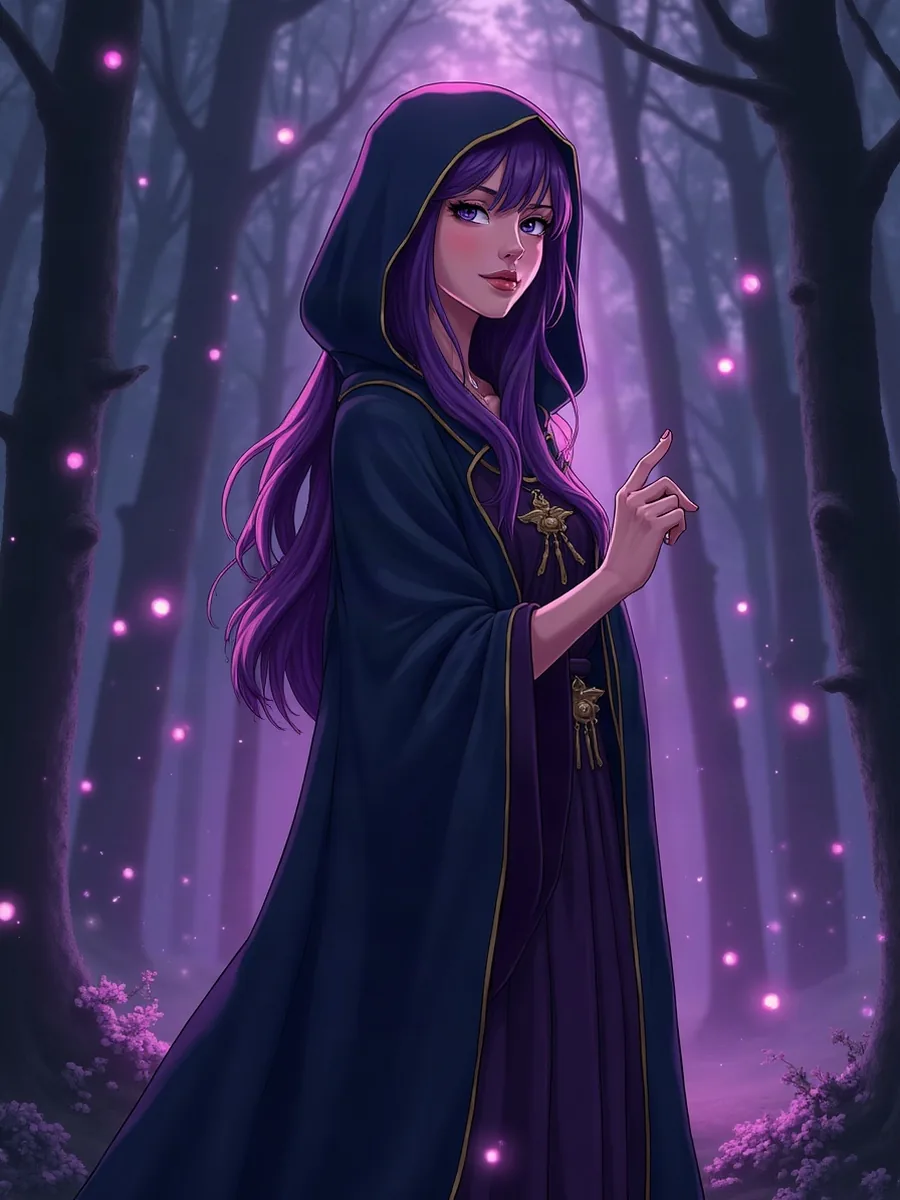 FantasyGF: KI-generiertes Illustrationsbild, Magierin im Anime-Stil mit langen violetten Haaren in dunklem Kapuzengewand in einem Wald mit leuchtenden Kugeln