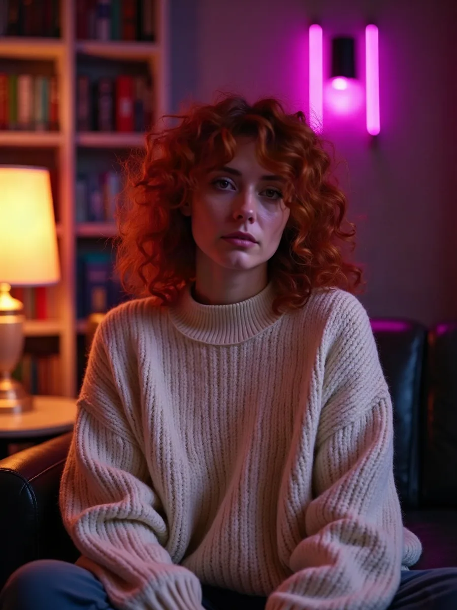 GirlfriendGPT: KI-generiertes Illustrationsbild, Rothaarige Frau mit Locken in cremefarbenem Strickpullover in einer Bibliothek mit warmen Lampen