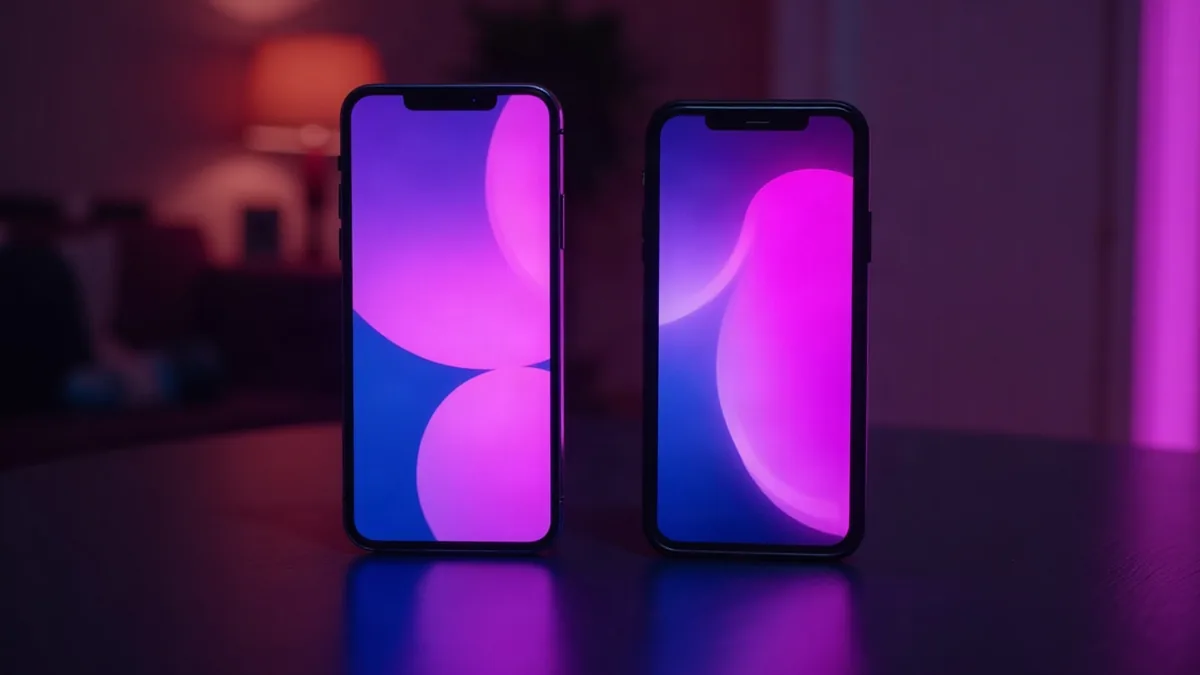 Zwei Smartphones nebeneinander auf einem dunklen Tisch, violette Bildschirme (Illustration zum Artikel)