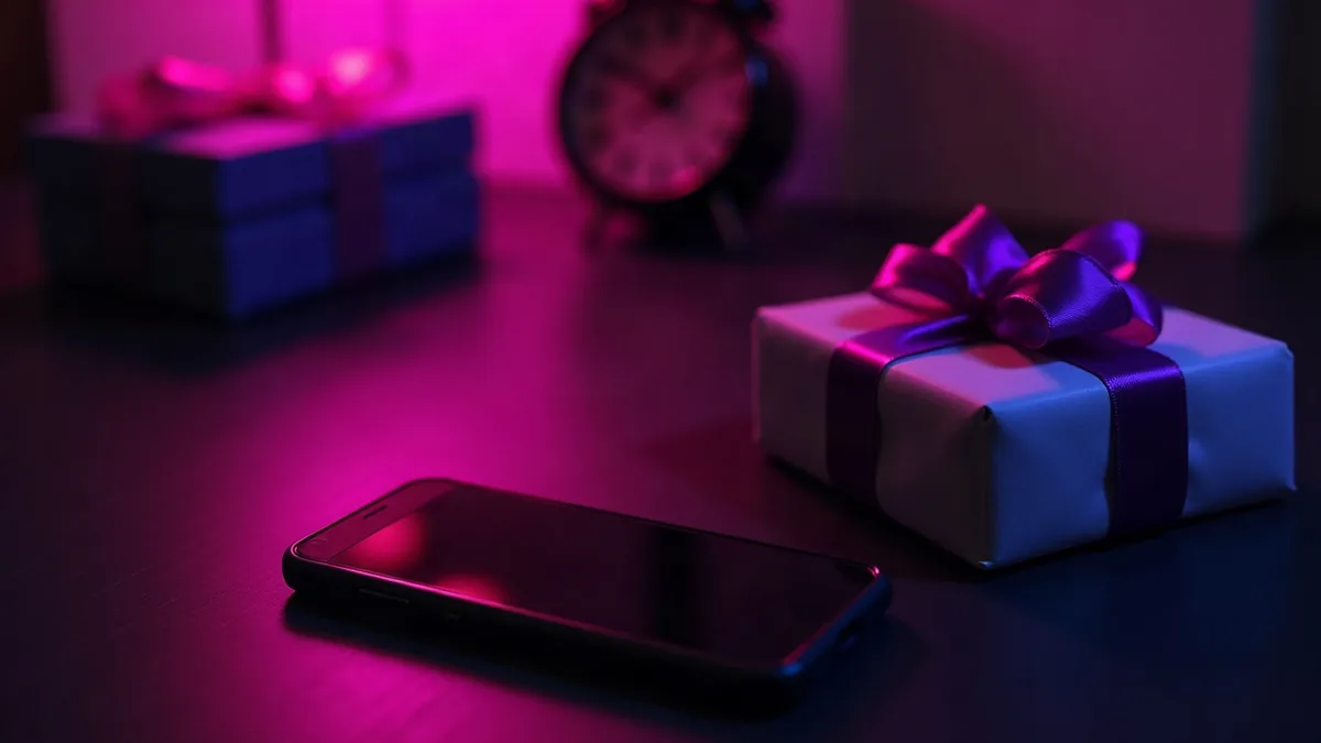 Smartphone neben einem kleinen Geschenk mit violetter Schleife auf einem dunklen Schreibtisch (Illustration zum Artikel)
