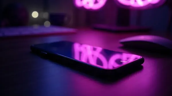 Smartphone auf einem dunklen Schreibtisch, leuchtend violette Reflexe auf dem Bildschirm (Illustration zum Artikel)