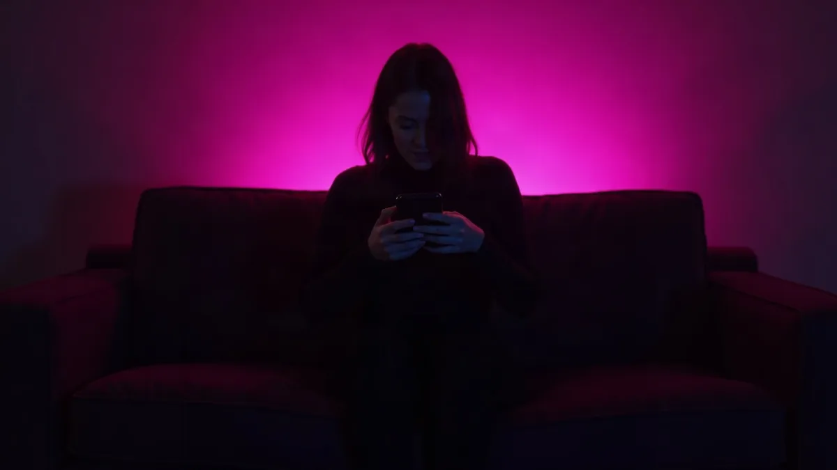 Silhouette von hinten auf einem Sofa mit Handy in einem dunklen Raum mit magentafarbenem Schein (Illustration zum Artikel)