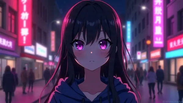 Weibliche Anime-Figur mit schwarzen Haaren im Kapuzenpullover in einer Neonstraße bei Nacht (Illustration zum Artikel)