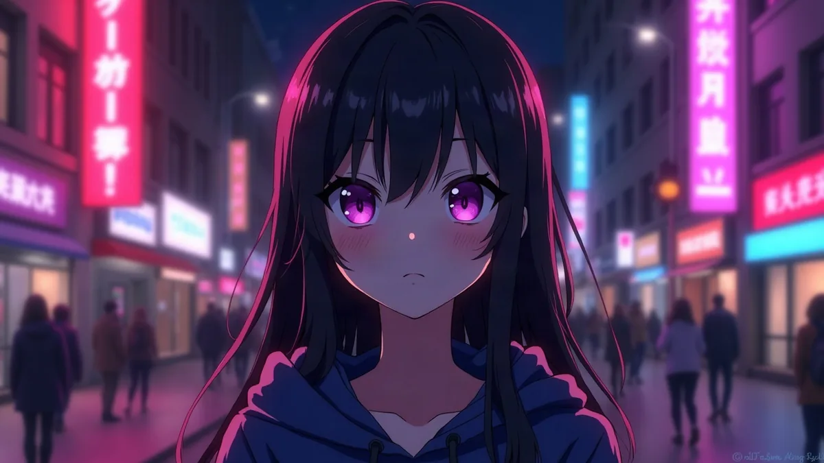 Weibliche Anime-Figur mit schwarzen Haaren im Kapuzenpullover in einer Neonstraße bei Nacht (Illustration zum Artikel)