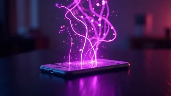 Leuchtende Linien eines neuronalen Netzes, die über einem Smartphone schweben (Illustration zum Artikel)
