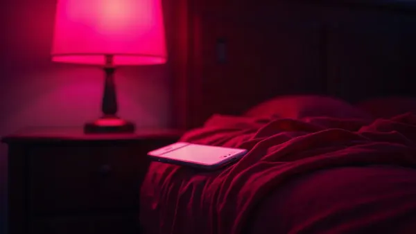 Rote Seide und leuchtendes Smartphone auf einem Nachttisch, magentafarbenes Licht (Illustration zum Artikel)