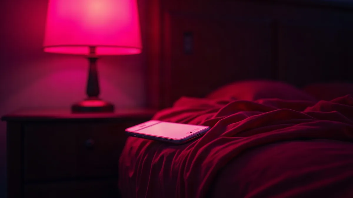 Rote Seide und leuchtendes Smartphone auf einem Nachttisch, magentafarbenes Licht (Illustration zum Artikel)