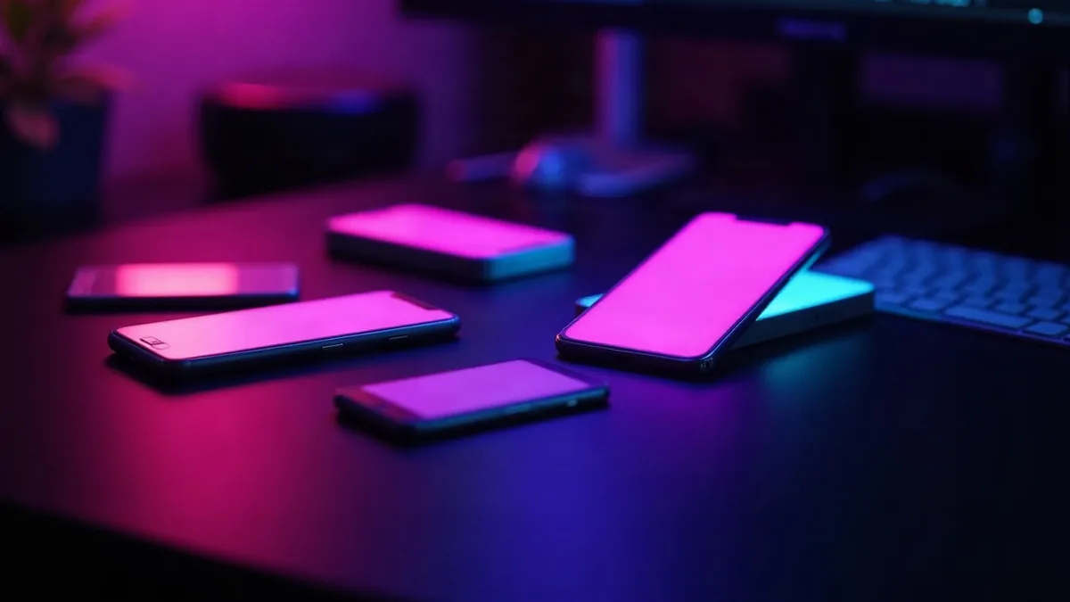 Leuchtende Smartphones fächerförmig auf einem dunklen Schreibtisch angeordnet, eines hervorgehoben (Illustration zum Artikel)