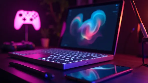 Dunkler Kreativ-Schreibtisch mit Laptop, Smartphone und leuchtend rosa Controller (Illustration zum Artikel)