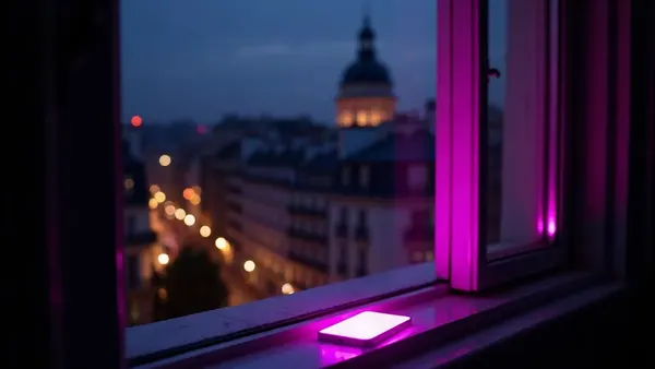 Nächtliche Dächer einer Großstadt aus einem Fenster gesehen, leuchtendes Smartphone auf dem Fensterbrett (Illustration zum Artikel)