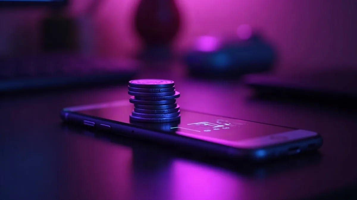 Stapel leuchtender violetter Token neben einem Smartphone auf einem dunklen Schreibtisch (Illustration zum Artikel)