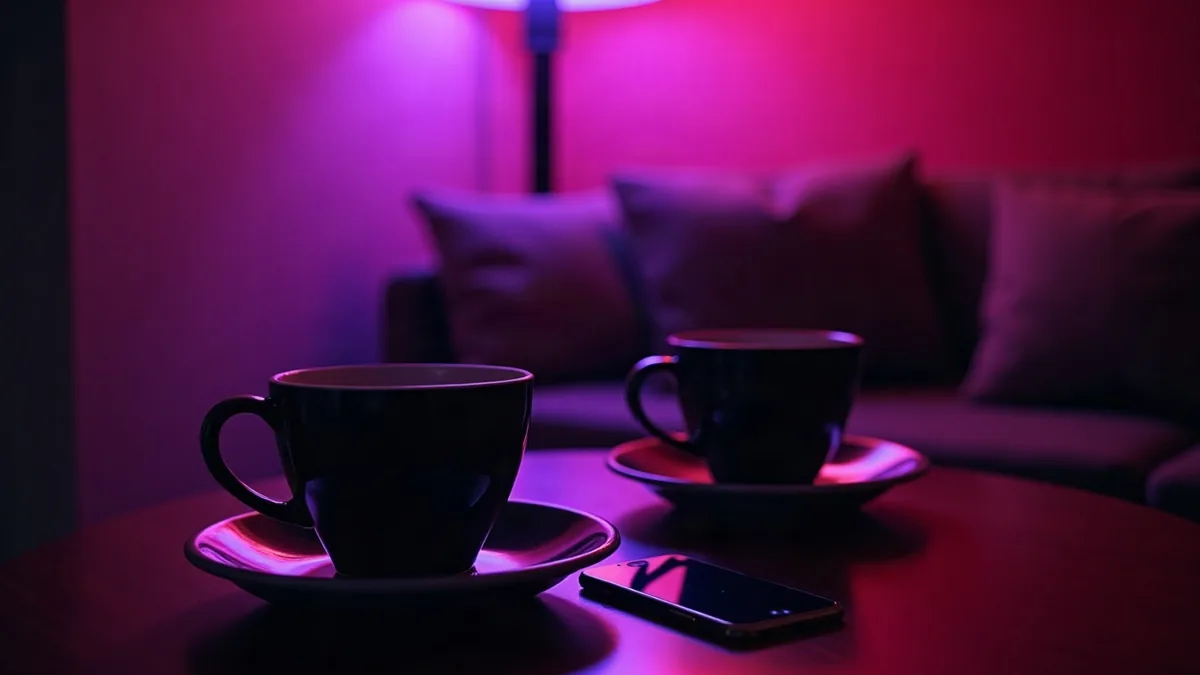 Zwei Kaffeetassen und zwei Handys auf einem Tisch, warmes und violettes Licht (Illustration zum Artikel)
