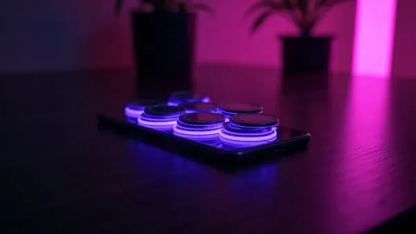 Smartphone und einige leuchtend violette Münzen auf einem dunklen Holzschreibtisch (Illustration zum Artikel)